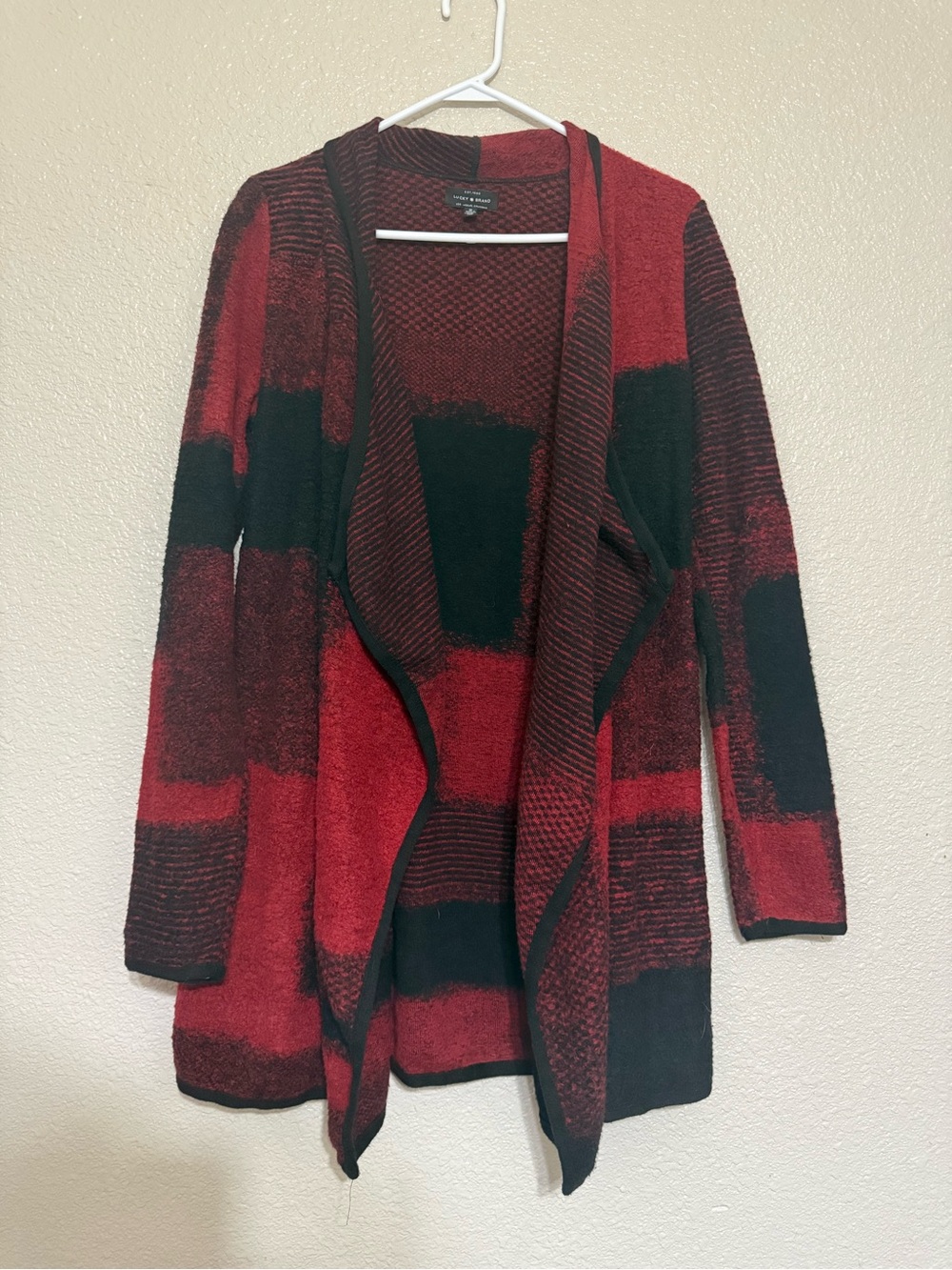 Lucky Brand Red and Black Geometric Open Cardigan